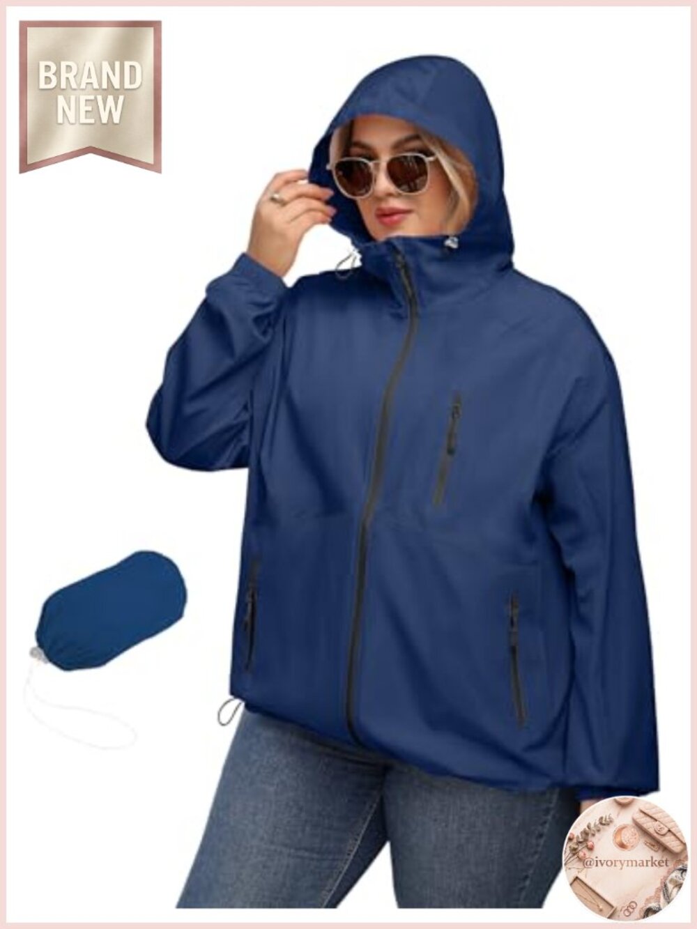Women's Plus Size Waterproof Rain Jacket with Hood, Windproof Outdoor Raincoat